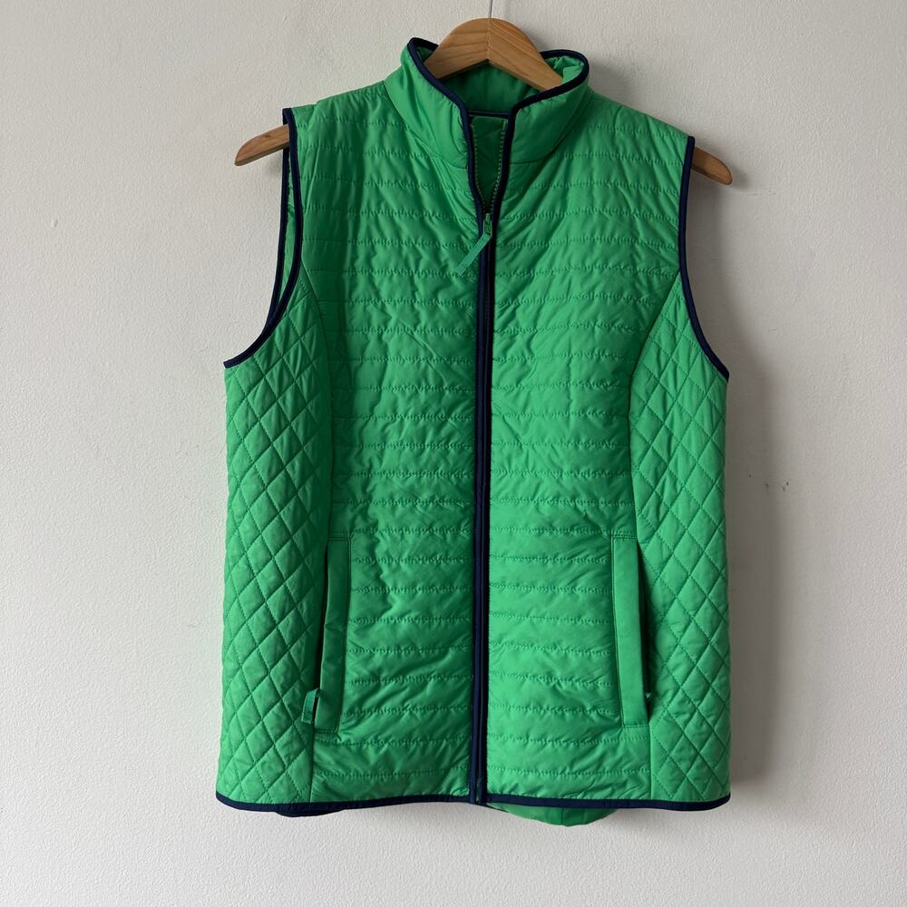 Talbots Quilted Puffer Vest Women S Green Navy Trim Zip Transitional Preppy